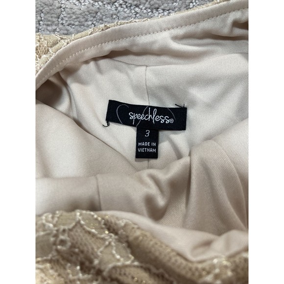 SPEECHLESS JUNIORS CHOKER KEY HOLE LACE &TULLE OPEN-BACK SHORT DRESS Beige Sz 3 - Picture 2 of 6